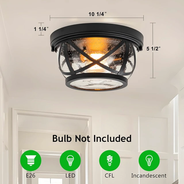 Alt view image 4 of 7 - Flush Mount Ceiling Light Fixture Black, 2-Light Modern Farmhouse Porch Light Ceiling Mount for Outdoor, Indoor Flush Mount Lights Fixture for Hallway Foyer Kitchen Bathroom with Seeded Glass