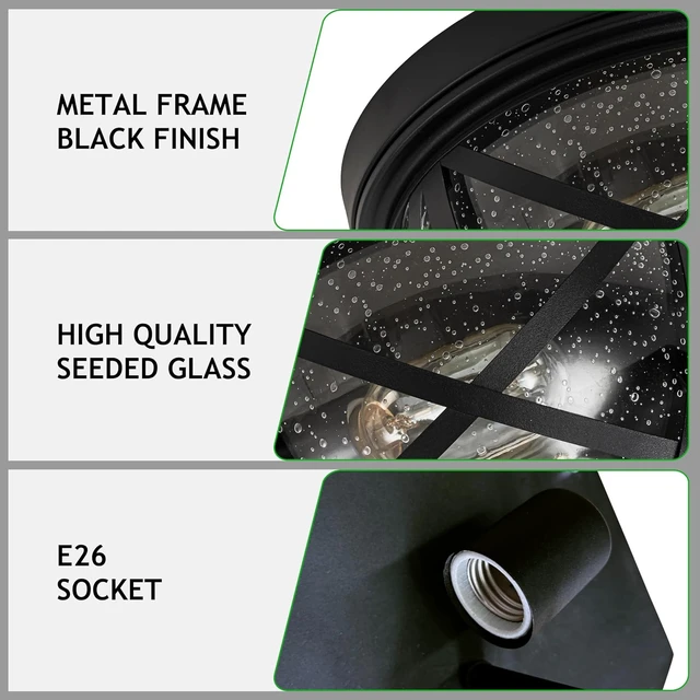 Alt view image 5 of 7 - Flush Mount Ceiling Light Fixture Black, 2-Light Modern Farmhouse Porch Light Ceiling Mount for Outdoor, Indoor Flush Mount Lights Fixture for Hallway Foyer Kitchen Bathroom with Seeded Glass