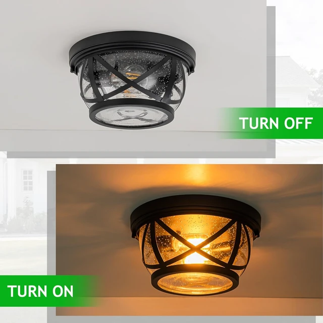 Alt view image 6 of 7 - Flush Mount Ceiling Light Fixture Black, 2-Light Modern Farmhouse Porch Light Ceiling Mount for Outdoor, Indoor Flush Mount Lights Fixture for Hallway Foyer Kitchen Bathroom with Seeded Glass