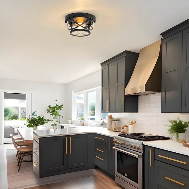 Alt view image 7 of 7 - Flush Mount Ceiling Light Fixture Black, 2-Light Modern Farmhouse Porch Light Ceiling Mount for Outdoor, Indoor Flush Mount Lights Fixture for Hallway Foyer Kitchen Bathroom with Seeded Glass