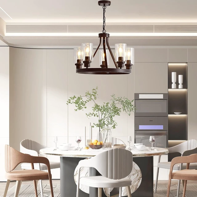 Alt view image 2 of 7 - Farmhouse Chandelier Lighting Round 5 Lights Oil Rubbed Bronze with Glass Shade Ceiling Hanging Vintage Rustic Light Fixture for Dining Room Living Room Foyer Porch Kitchen Island