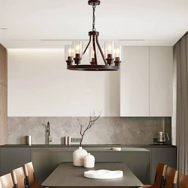 Alt view image 3 of 7 - Farmhouse Chandelier Lighting Round 5 Lights Oil Rubbed Bronze with Glass Shade Ceiling Hanging Vintage Rustic Light Fixture for Dining Room Living Room Foyer Porch Kitchen Island