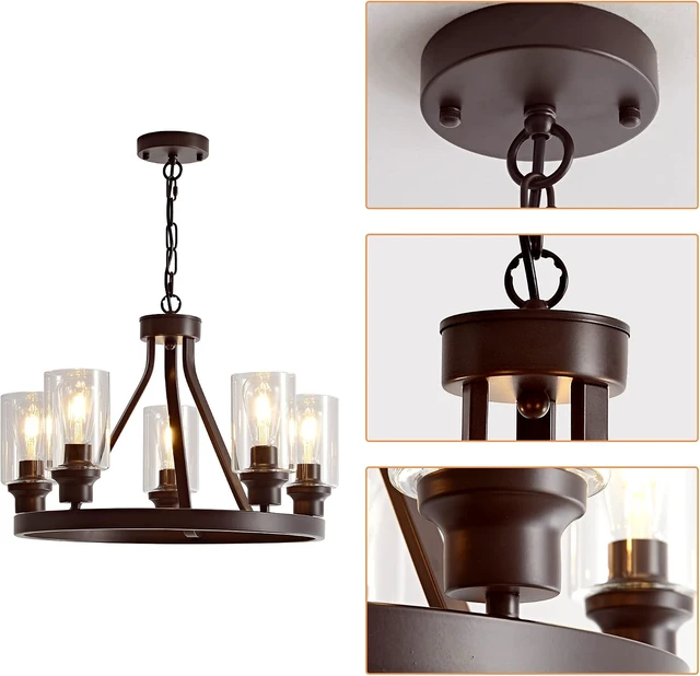 Alt view image 7 of 7 - Farmhouse Chandelier Lighting Round 5 Lights Oil Rubbed Bronze with Glass Shade Ceiling Hanging Vintage Rustic Light Fixture for Dining Room Living Room Foyer Porch Kitchen Island