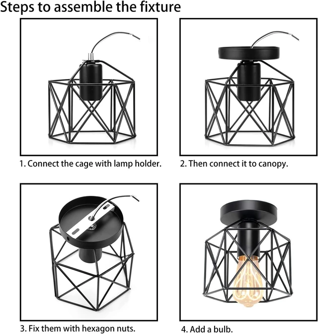 Alt view image 3 of 7 - Hedume 2 Pack Semi-Flush Mount Ceiling Light, Retro Black Industrial Ceiling Light - Black Painting Metal Pendant Light Fixture for Hallway Stairway Bedroom Kitchen (E27)
