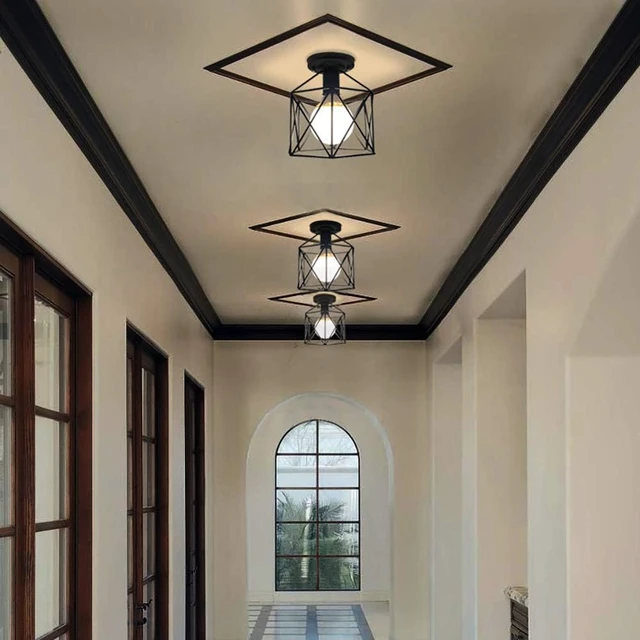 Alt view image 6 of 7 - Hedume 2 Pack Semi-Flush Mount Ceiling Light, Retro Black Industrial Ceiling Light - Black Painting Metal Pendant Light Fixture for Hallway Stairway Bedroom Kitchen (E27)
