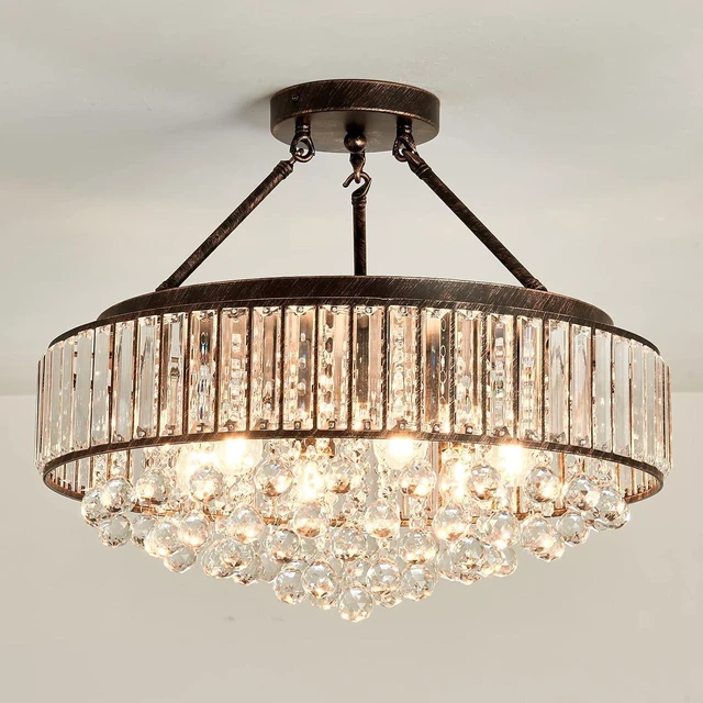 Main image of YYJLX 6 Light Modern Crystal Oil Rubbed Bronze Metal Semi Flush Mount Ceiling Light Fixture E26 Indoor Round Ceiling Lamp for Dining, Living, Foyer, Kitchen, Bedroom