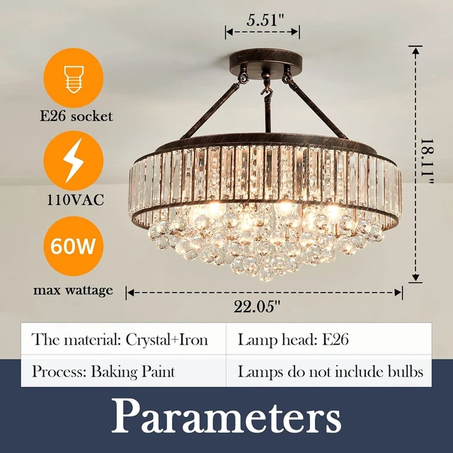 Alt view image 2 of 7 - YYJLX 6 Light Modern Crystal Oil Rubbed Bronze Metal Semi Flush Mount Ceiling Light Fixture E26 Indoor Round Ceiling Lamp for Dining, Living, Foyer, Kitchen, Bedroom