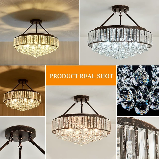 Alt view image 3 of 7 - YYJLX 6 Light Modern Crystal Oil Rubbed Bronze Metal Semi Flush Mount Ceiling Light Fixture E26 Indoor Round Ceiling Lamp for Dining, Living, Foyer, Kitchen, Bedroom