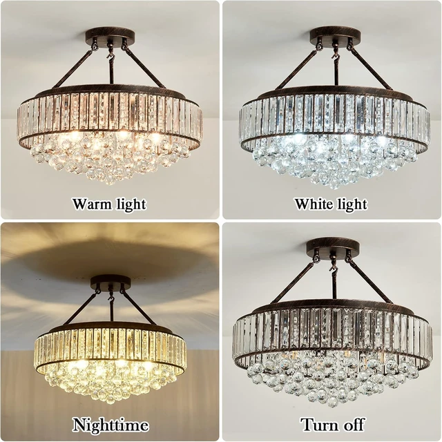Alt view image 4 of 7 - YYJLX 6 Light Modern Crystal Oil Rubbed Bronze Metal Semi Flush Mount Ceiling Light Fixture E26 Indoor Round Ceiling Lamp for Dining, Living, Foyer, Kitchen, Bedroom
