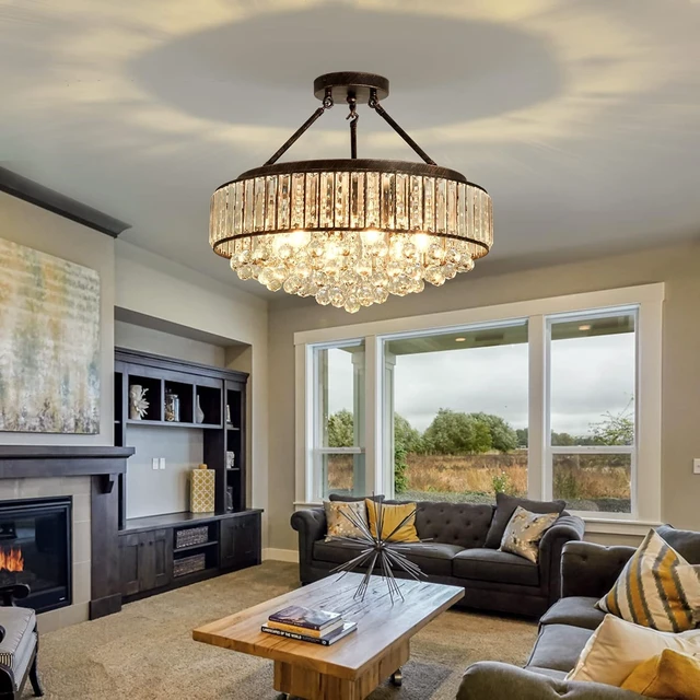 Alt view image 6 of 7 - YYJLX 6 Light Modern Crystal Oil Rubbed Bronze Metal Semi Flush Mount Ceiling Light Fixture E26 Indoor Round Ceiling Lamp for Dining, Living, Foyer, Kitchen, Bedroom