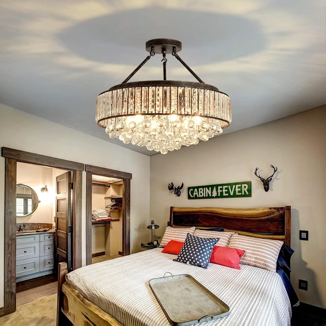 Alt view image 7 of 7 - YYJLX 6 Light Modern Crystal Oil Rubbed Bronze Metal Semi Flush Mount Ceiling Light Fixture E26 Indoor Round Ceiling Lamp for Dining, Living, Foyer, Kitchen, Bedroom