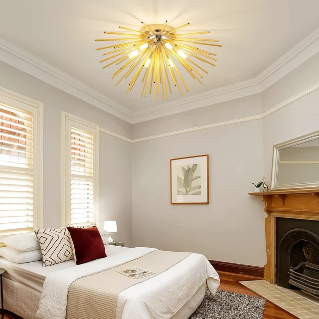 Alt view image 2 of 7 - Sputnik Flush Mount Ceiling Light Fixture, 6-Light Gold Firework Ceiling Lights, 19.6" Modern Chandeliers Close to Ceiling Lamp for Bedroom Kitchen Hallway Entryway, G9 Socket