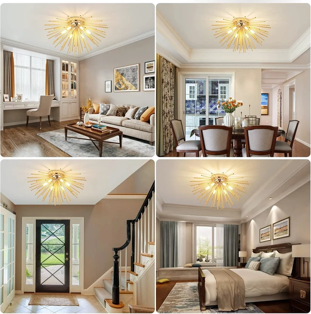 Alt view image 3 of 7 - Sputnik Flush Mount Ceiling Light Fixture, 6-Light Gold Firework Ceiling Lights, 19.6" Modern Chandeliers Close to Ceiling Lamp for Bedroom Kitchen Hallway Entryway, G9 Socket