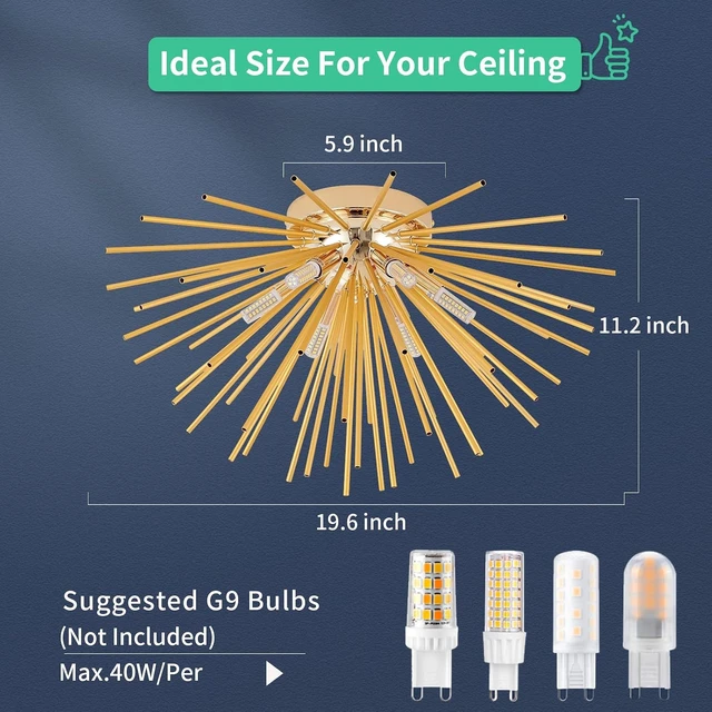 Alt view image 4 of 7 - Sputnik Flush Mount Ceiling Light Fixture, 6-Light Gold Firework Ceiling Lights, 19.6" Modern Chandeliers Close to Ceiling Lamp for Bedroom Kitchen Hallway Entryway, G9 Socket