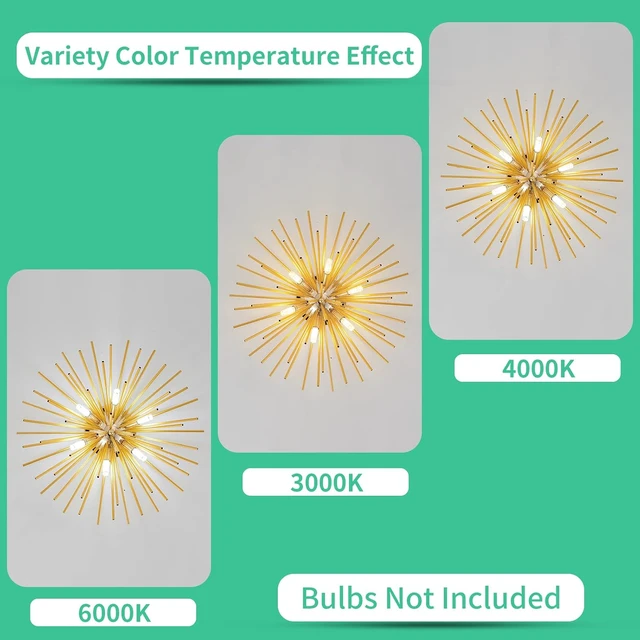 Alt view image 5 of 7 - Sputnik Flush Mount Ceiling Light Fixture, 6-Light Gold Firework Ceiling Lights, 19.6" Modern Chandeliers Close to Ceiling Lamp for Bedroom Kitchen Hallway Entryway, G9 Socket