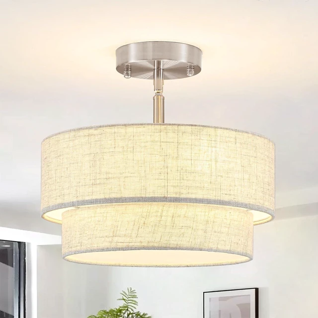 Main image of 12.6" Linen Drum Ceiling Light, 3-Light Brushed Nickel Semi Flush Mount Ceiling Light Fixture, 2-Tier Modern Farmhouse Close To Ceiling Light Fixtures for Bedroom Hallway Entryway Foyer Kitchen