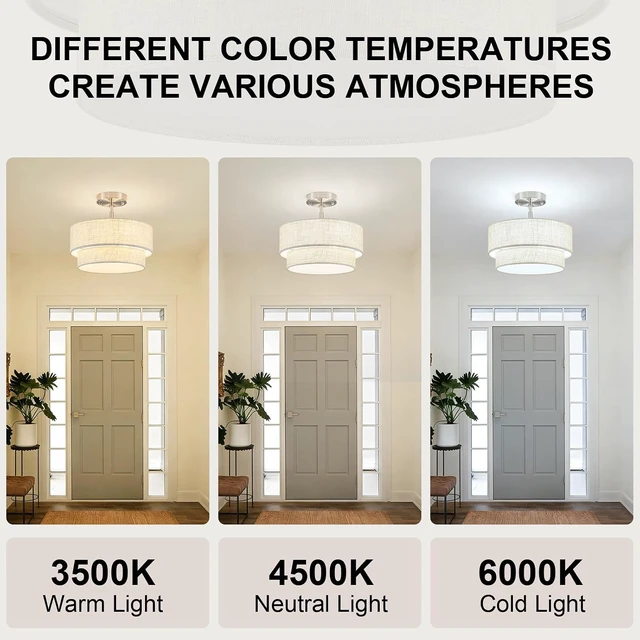 Alt view image 2 of 7 - 12.6" Linen Drum Ceiling Light, 3-Light Brushed Nickel Semi Flush Mount Ceiling Light Fixture, 2-Tier Modern Farmhouse Close To Ceiling Light Fixtures for Bedroom Hallway Entryway Foyer Kitchen