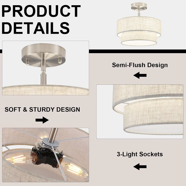 Alt view image 4 of 7 - 12.6" Linen Drum Ceiling Light, 3-Light Brushed Nickel Semi Flush Mount Ceiling Light Fixture, 2-Tier Modern Farmhouse Close To Ceiling Light Fixtures for Bedroom Hallway Entryway Foyer Kitchen