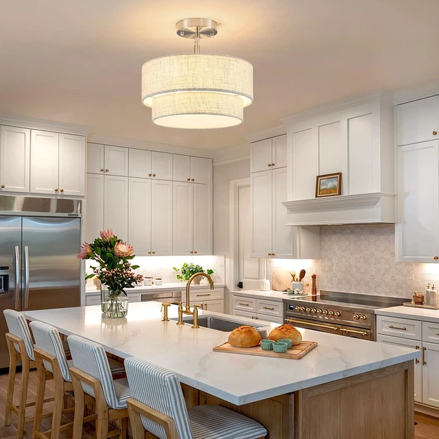 Alt view image 5 of 7 - 12.6" Linen Drum Ceiling Light, 3-Light Brushed Nickel Semi Flush Mount Ceiling Light Fixture, 2-Tier Modern Farmhouse Close To Ceiling Light Fixtures for Bedroom Hallway Entryway Foyer Kitchen