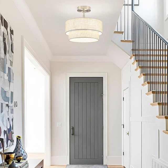 Alt view image 6 of 7 - 12.6" Linen Drum Ceiling Light, 3-Light Brushed Nickel Semi Flush Mount Ceiling Light Fixture, 2-Tier Modern Farmhouse Close To Ceiling Light Fixtures for Bedroom Hallway Entryway Foyer Kitchen