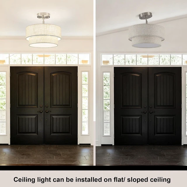 Alt view image 7 of 7 - 12.6" Linen Drum Ceiling Light, 3-Light Brushed Nickel Semi Flush Mount Ceiling Light Fixture, 2-Tier Modern Farmhouse Close To Ceiling Light Fixtures for Bedroom Hallway Entryway Foyer Kitchen