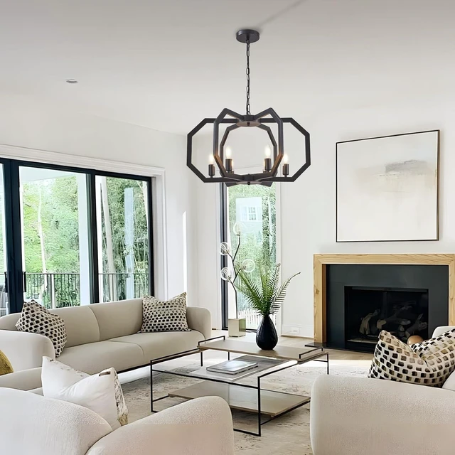 Alt view image 7 of 7 - Lanhall 6 Light Farmhouse Chandelier Black Dining Room Light Fixture Modern Rustic Geometric Hanging Pendant Light for Living Room, kitchen Island, Foyer, Entryway, Hallway, Stairway Adjustable Height