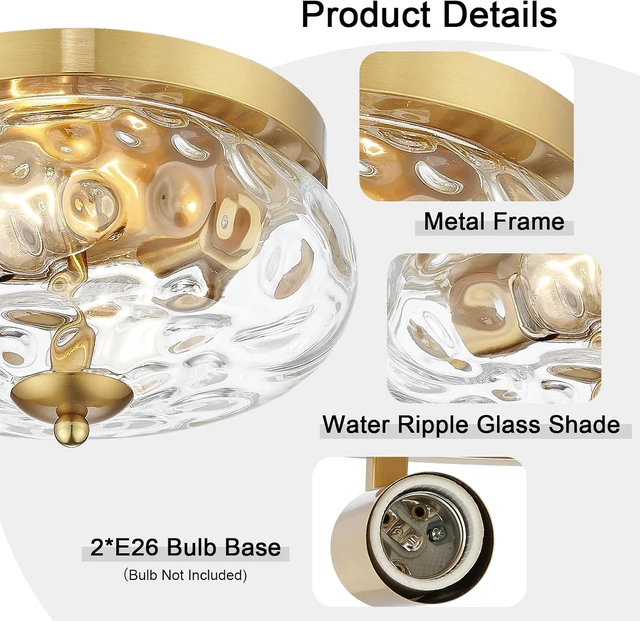 Alt view image 4 of 7 - Darkaway Ceiling Light Fixtures Flush Mount Indoor Outdoor Ceiling Light with Water Ripple Glass Shade for Hallway Kitchen Bedroom Porch Living Room Gold Finish