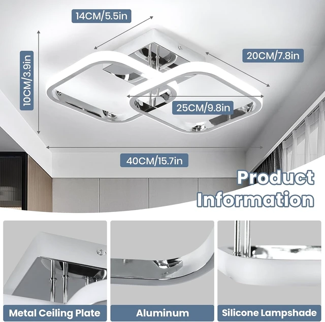 Alt view image 3 of 7 - CANEOE Led Hallway Ceiling Light Fixtures, Square Modern Led Ceiling Lamp, 6000K Chrome Finish Indoor Ceiling Lighting Fixture for Living Room Bedroom Kitchen Bathroom Lights (GDD-SFSL-C-US)