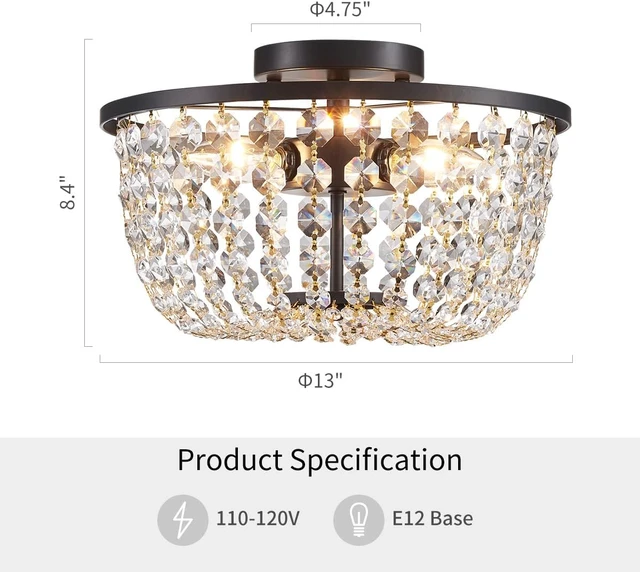 Alt view image 2 of 7 - WUZUPS Crystal Chandelier Flushmount Ceiling Light Modern Lighting Fixture for Bedroom Hallway Bar Kitchen Bathroom, H 8.4" x W 13", Black, E12 Base