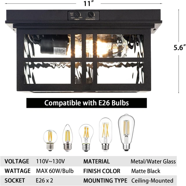 Alt view image 5 of 7 - CALOKES Industrial Motion Sensor Outdoor Flush Mount Ceiling Light, Water Ripple Glass Square Black 2-Light Ceiling Lamp for Porch, Entryway, and Garage, Timer and Sensitivity Adjustable