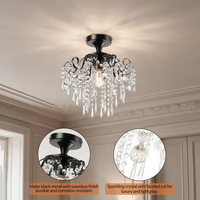 Alt view image 3 of 7 - Mini Black Chandelier Crystal Flush Mount Ceiling Light (1-Light,12.5-Inch),Small Crystal Lighting Fixture for Bedroom,Hallway,Entryway,Kitchen