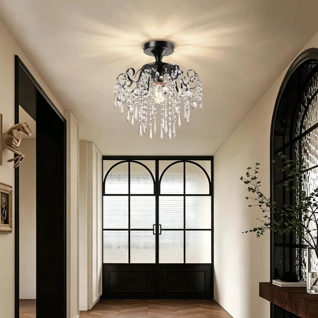Alt view image 4 of 7 - Mini Black Chandelier Crystal Flush Mount Ceiling Light (1-Light,12.5-Inch),Small Crystal Lighting Fixture for Bedroom,Hallway,Entryway,Kitchen