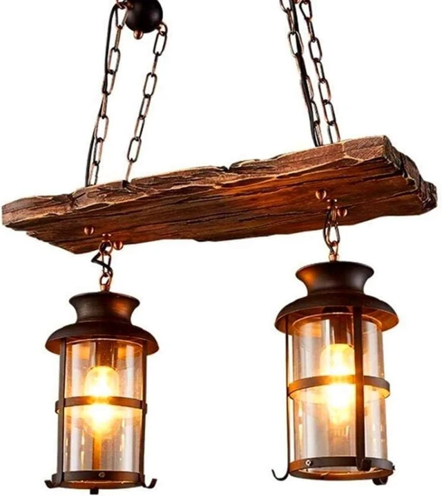 Alt view image 2 of 7 - Wood Retro Pendant Lighting Industrial Vintage Chandelier Black Metal Bedroom Restaurant Suspension Lamp Cage Frame with Glass Shade House Loft Bar Coffee Decoration Ceiling Lights Fitting, E27