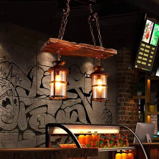 Main image of Wood Retro Pendant Lighting Industrial Vintage Chandelier Black Metal Bedroom Restaurant Suspension Lamp Cage Frame with Glass Shade House Loft Bar Coffee Decoration Ceiling Lights Fitting, E27