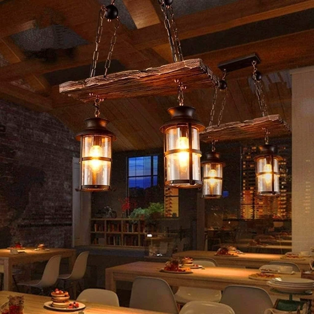 Alt view image 3 of 7 - Wood Retro Pendant Lighting Industrial Vintage Chandelier Black Metal Bedroom Restaurant Suspension Lamp Cage Frame with Glass Shade House Loft Bar Coffee Decoration Ceiling Lights Fitting, E27