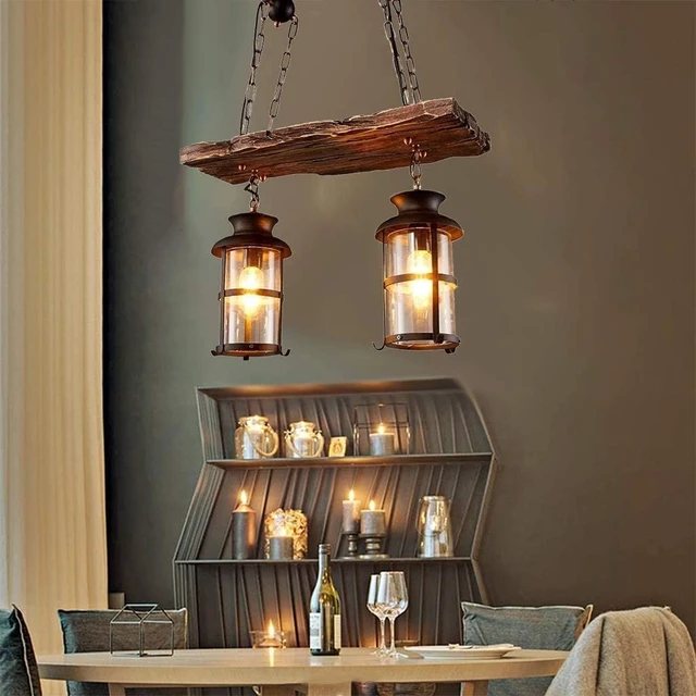 Alt view image 4 of 7 - Wood Retro Pendant Lighting Industrial Vintage Chandelier Black Metal Bedroom Restaurant Suspension Lamp Cage Frame with Glass Shade House Loft Bar Coffee Decoration Ceiling Lights Fitting, E27