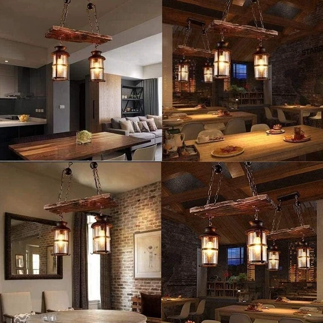 Alt view image 5 of 7 - Wood Retro Pendant Lighting Industrial Vintage Chandelier Black Metal Bedroom Restaurant Suspension Lamp Cage Frame with Glass Shade House Loft Bar Coffee Decoration Ceiling Lights Fitting, E27
