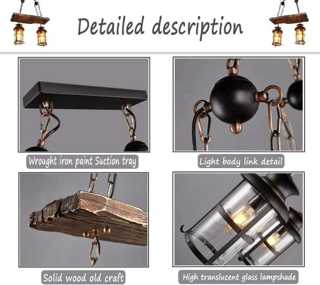 Alt view image 7 of 7 - Wood Retro Pendant Lighting Industrial Vintage Chandelier Black Metal Bedroom Restaurant Suspension Lamp Cage Frame with Glass Shade House Loft Bar Coffee Decoration Ceiling Lights Fitting, E27
