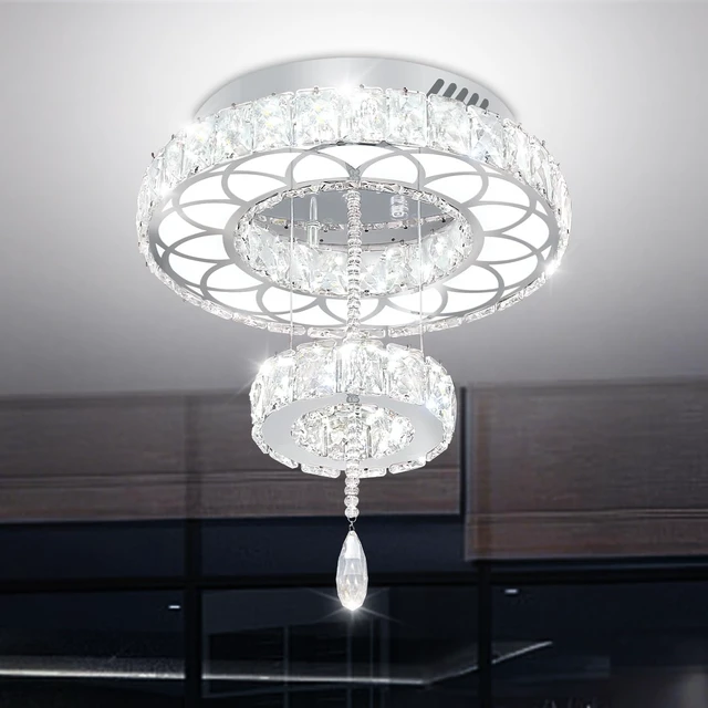 Alt view image 6 of 7 - Flashing God 16inch Modern Mini Crystal Chandelier for Hallway LED Crystal Ring Chandeliers Dimmable Flush Mount Ceiling Light for Dining Room Living Room Bedroom