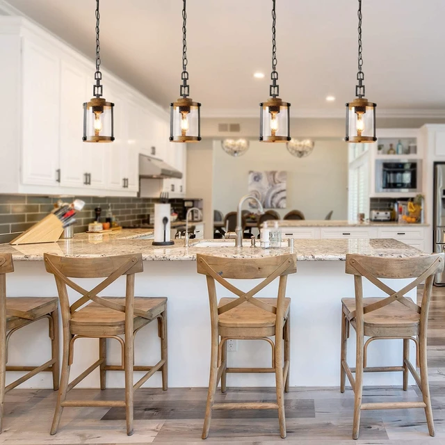 Alt view image 2 of 6 - LOG BARN Pendant Lighting for Kitchen Island, Farmhouse Mini Chandelier in Faux Wood Metal with Bubbled Glass Shade, Rustic Ceiling Fixture Hanging for Dining Room, Hallway