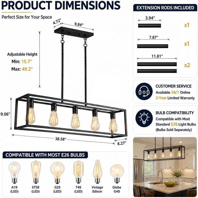 Alt view image 3 of 7 - Black Farmhouse Kitchen Island Lighting, Modern Industrial Chandelier, 5-Light Linear Rectangular Pendant Light Fixtures for Farmhouse Kitchen Dining Room Bar Foyer(Metal, Height Adjustable)