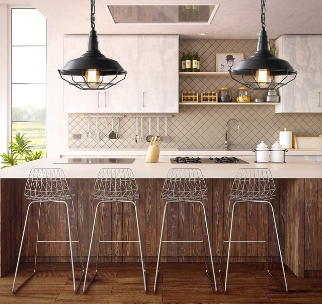 Alt view image 4 of 6 - Black Farmhouse Pendant Light - 2 Pack Industrial Vintage Hanging Light Fixtures Metal Wire Cage Pendant Lighting with Adjustable Chain for Kitchen Barn Hallway Porch Dining Room