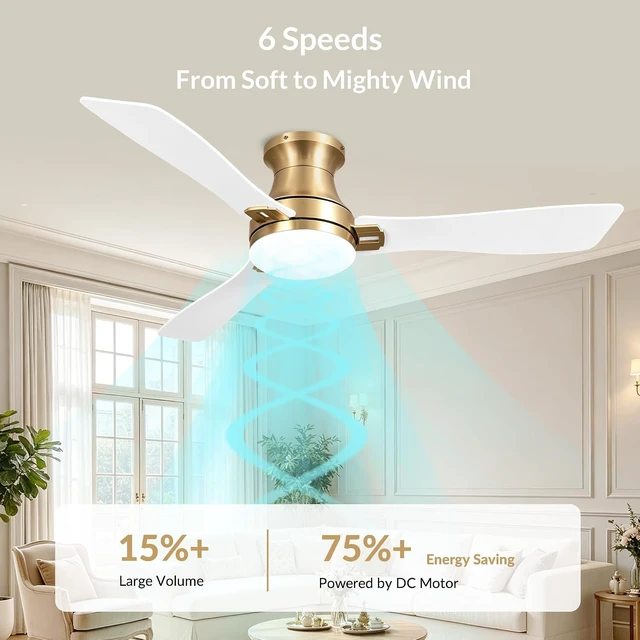 Alt view image 5 of 7 - OFANTOP 52 Inch Flush Mount White Gold Ceiling Fan with Lights and Remote