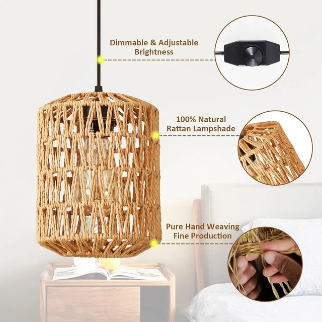 Alt view image 2 of 7 - Plug in Pendant Light, Rattan Hanging Lights with Plug in Cord 15ft Dimmable Cord, Hand Woven Wicker Lampshade Hanging Lamp, Boho Plug in Hanging Ceiling Light Fixture for Farmhouse Bedroom