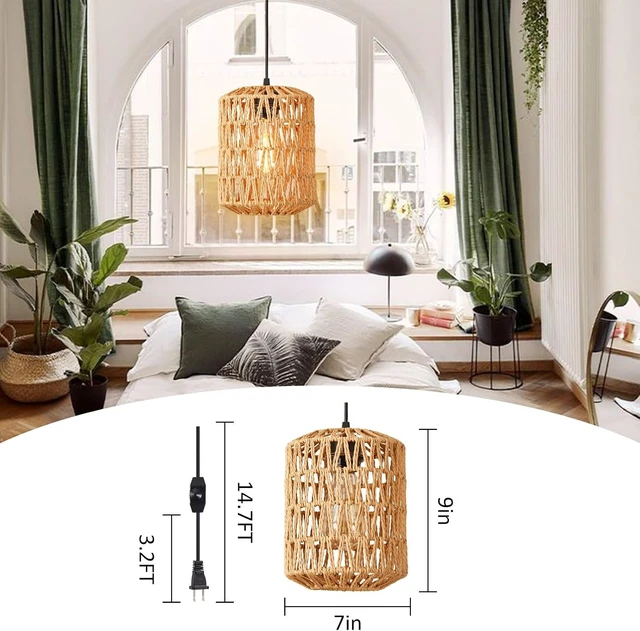 Alt view image 3 of 7 - Plug in Pendant Light, Rattan Hanging Lights with Plug in Cord 15ft Dimmable Cord, Hand Woven Wicker Lampshade Hanging Lamp, Boho Plug in Hanging Ceiling Light Fixture for Farmhouse Bedroom