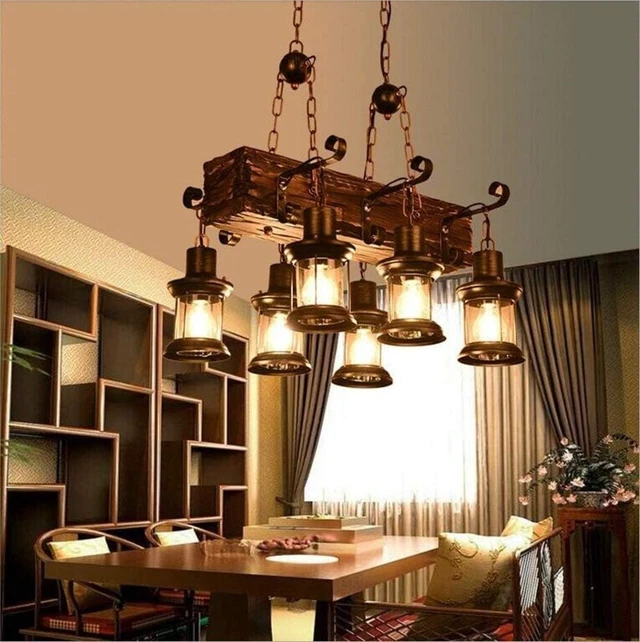 Alt view image 3 of 7 - Farmhouse Lighting Industrial Rustic Wood Beam Linear Island Pendant Light Chandelier Lighting Hanging Ceiling Fixture 6-Light