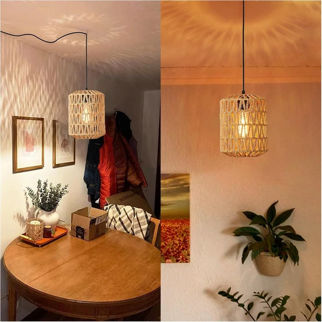 Alt view image 5 of 7 - Plug in Pendant Light, Rattan Hanging Lights with Plug in Cord 15ft Dimmable Cord, Hand Woven Wicker Lampshade Hanging Lamp, Boho Plug in Hanging Ceiling Light Fixture for Farmhouse Bedroom