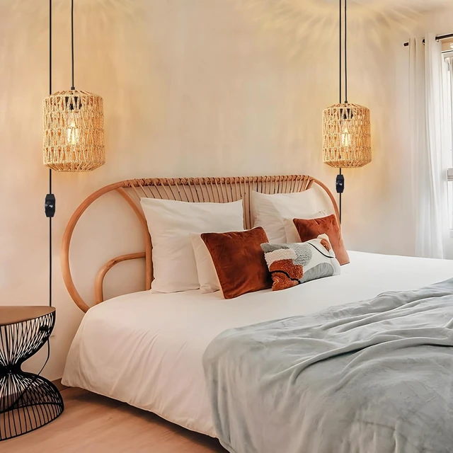 Alt view image 6 of 7 - Plug in Pendant Light, Rattan Hanging Lights with Plug in Cord 15ft Dimmable Cord, Hand Woven Wicker Lampshade Hanging Lamp, Boho Plug in Hanging Ceiling Light Fixture for Farmhouse Bedroom
