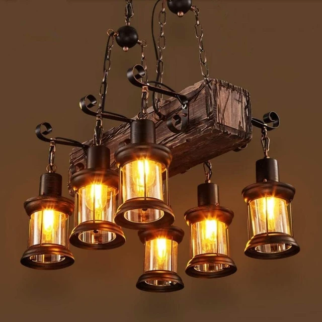 Alt view image 4 of 7 - Farmhouse Lighting Industrial Rustic Wood Beam Linear Island Pendant Light Chandelier Lighting Hanging Ceiling Fixture 6-Light