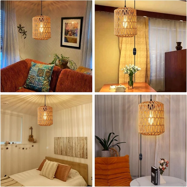 Alt view image 7 of 7 - Plug in Pendant Light, Rattan Hanging Lights with Plug in Cord 15ft Dimmable Cord, Hand Woven Wicker Lampshade Hanging Lamp, Boho Plug in Hanging Ceiling Light Fixture for Farmhouse Bedroom